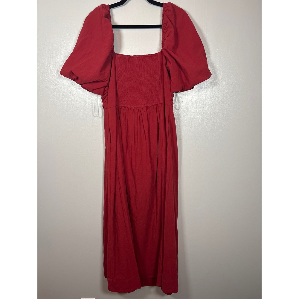 Bohme Red Puff Sleeve Ruched Smocked Midi Dress BHM1111WD Womens Large‎ - Picture 2 of 6